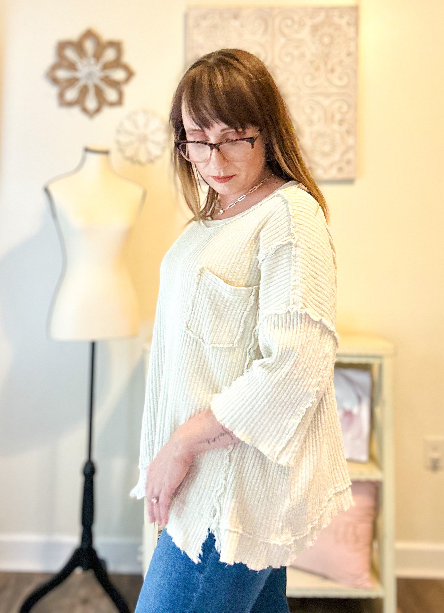 Mineral Washed Raw Edge Rib Knit Top
