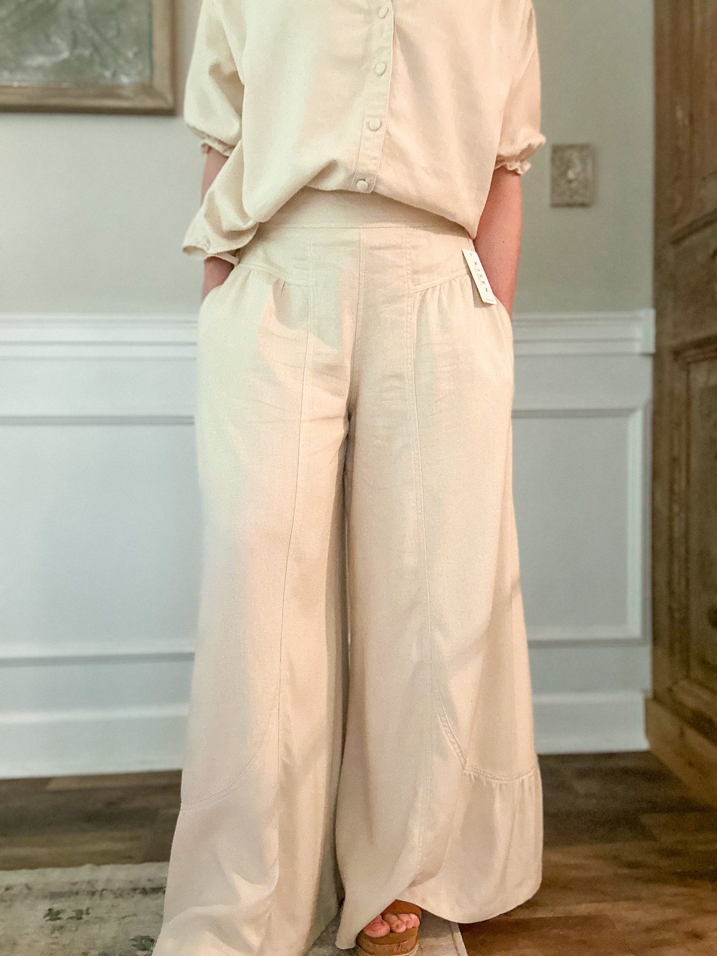 Linen Mix Ruffle Wide Leg Pants - Oatmeal image 3