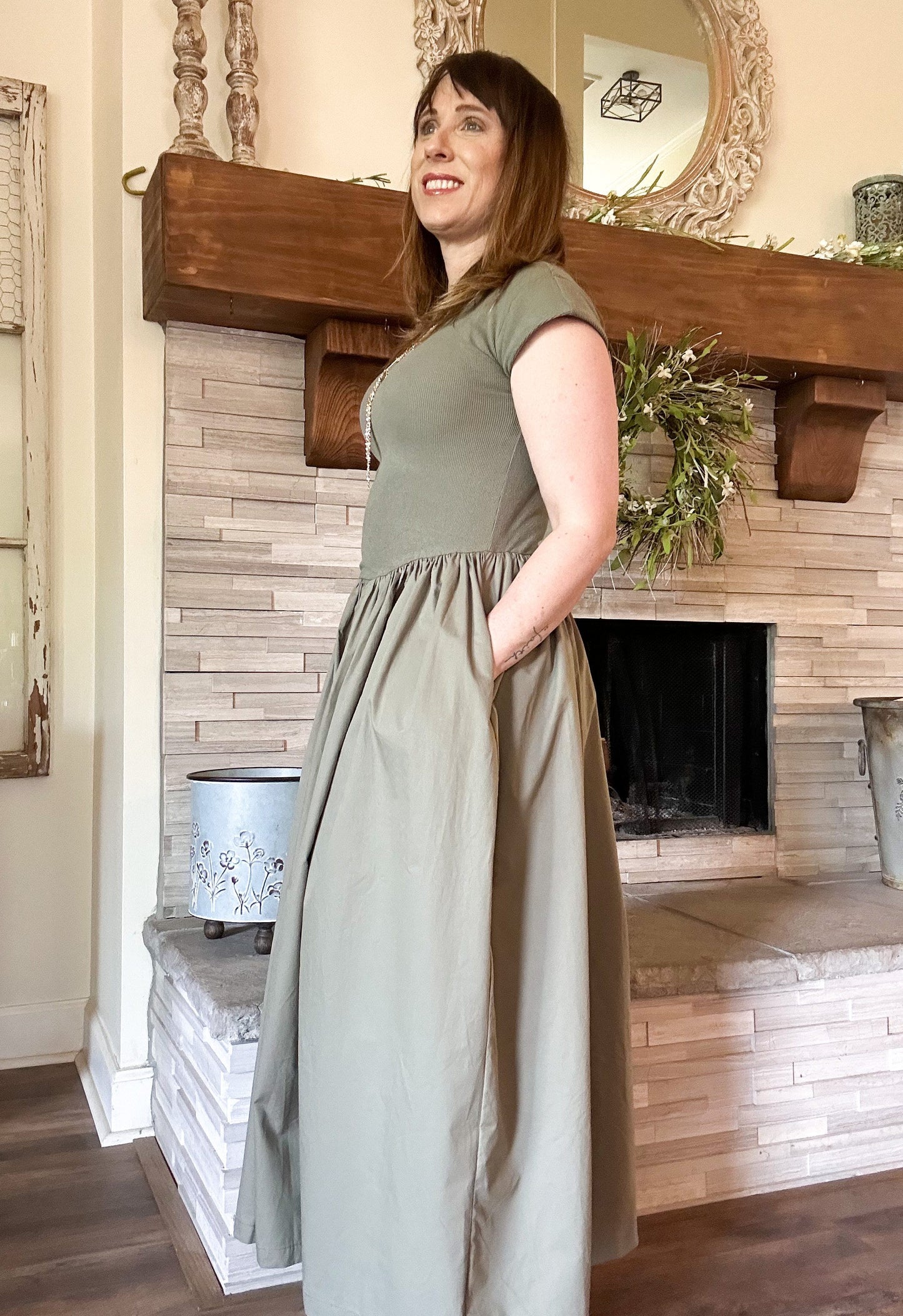 Sweetheart Mixed Media Poplin Dress - Olive