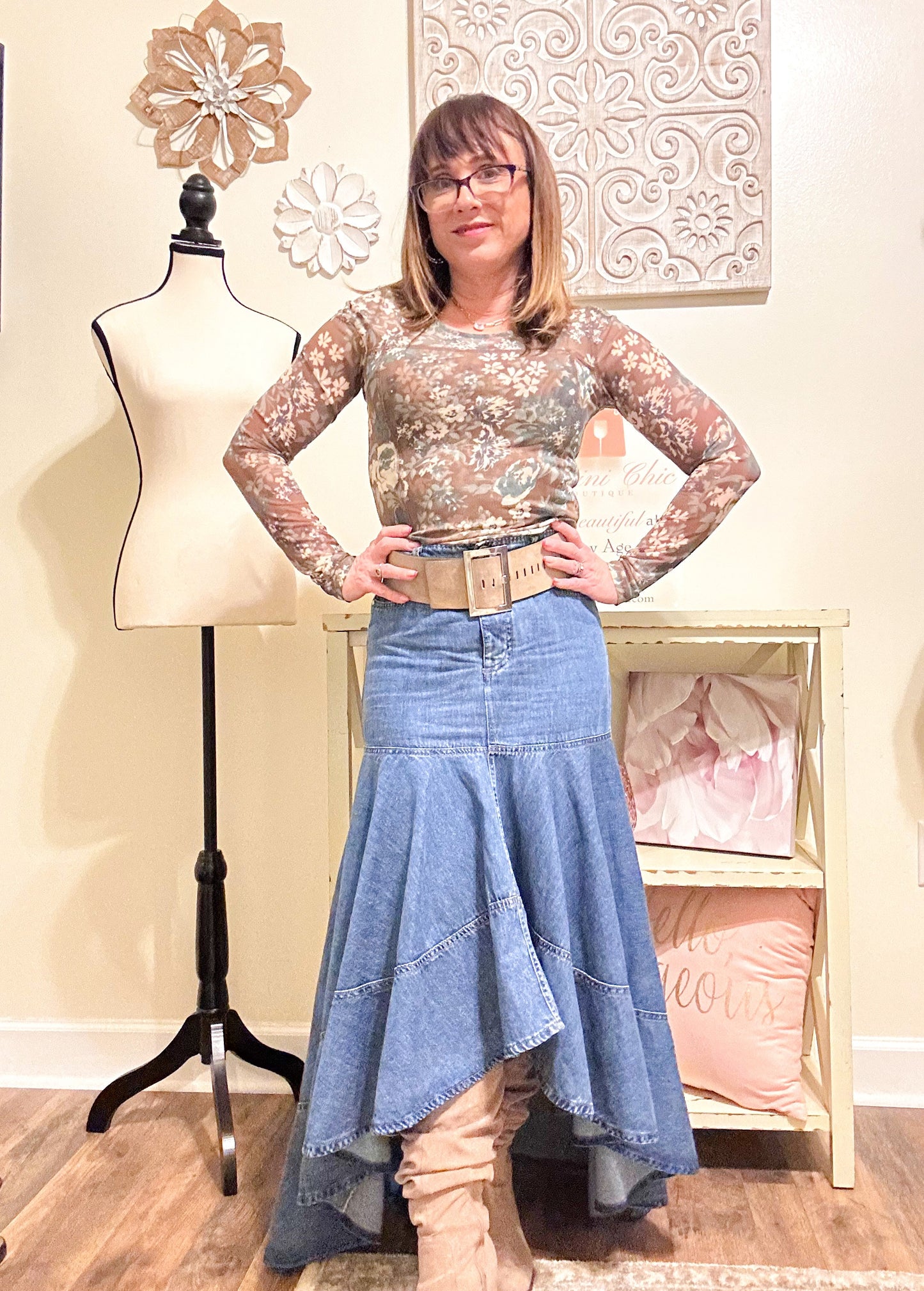 Risen High-Low Full Denim Skirt image 0