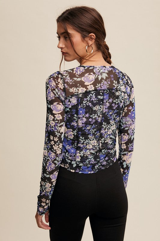 Floral Print Mesh Fitted Long Sleeve Top - Black image 3