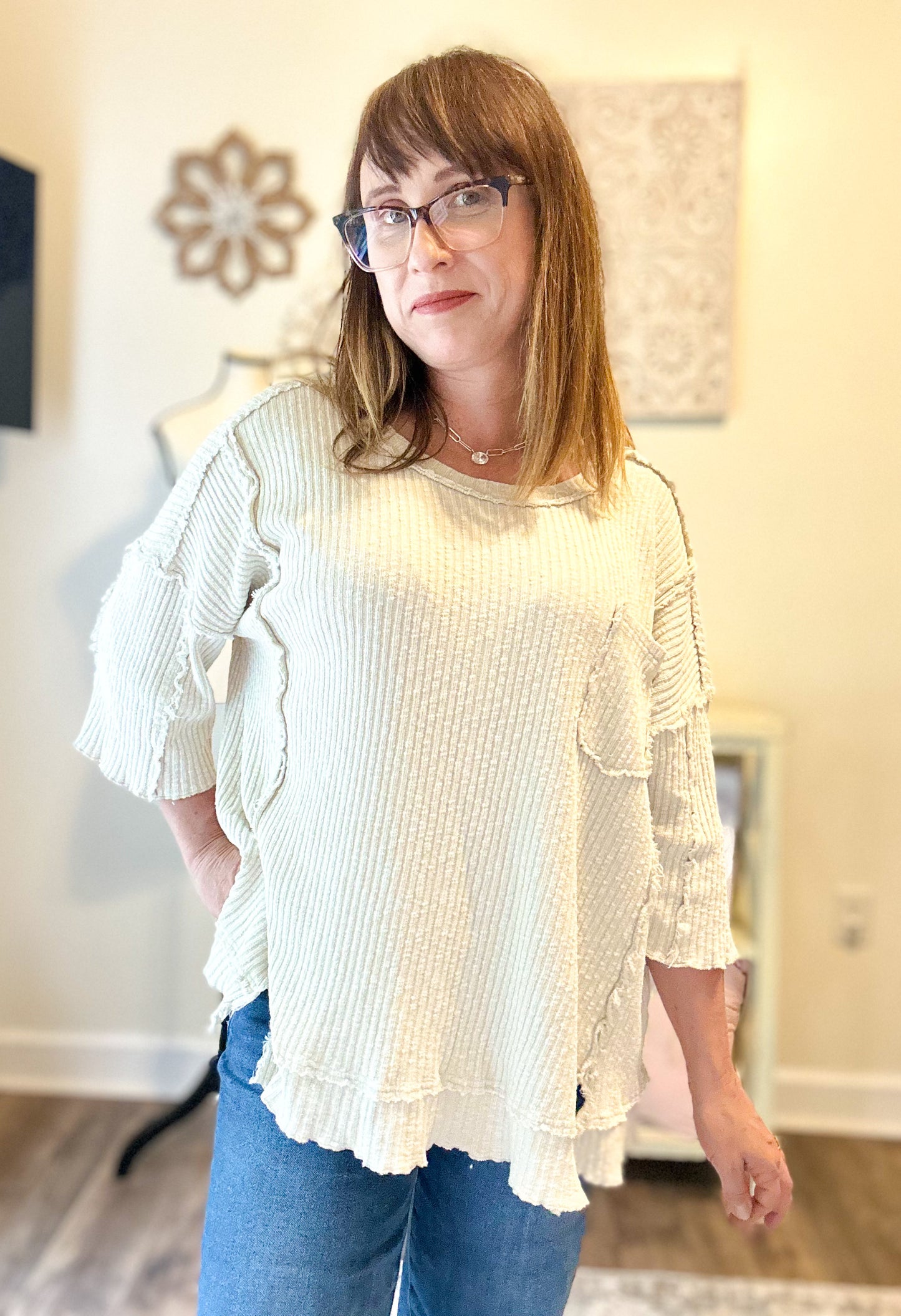 Mineral Washed Raw Edge Rib Knit Top