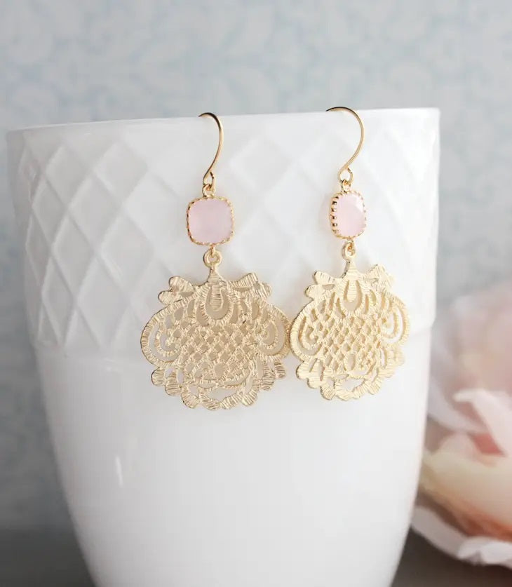 Gold Filigree Earrings - Pink Glass Jewel image 0