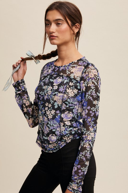Floral Print Mesh Fitted Long Sleeve Top - Black image 2