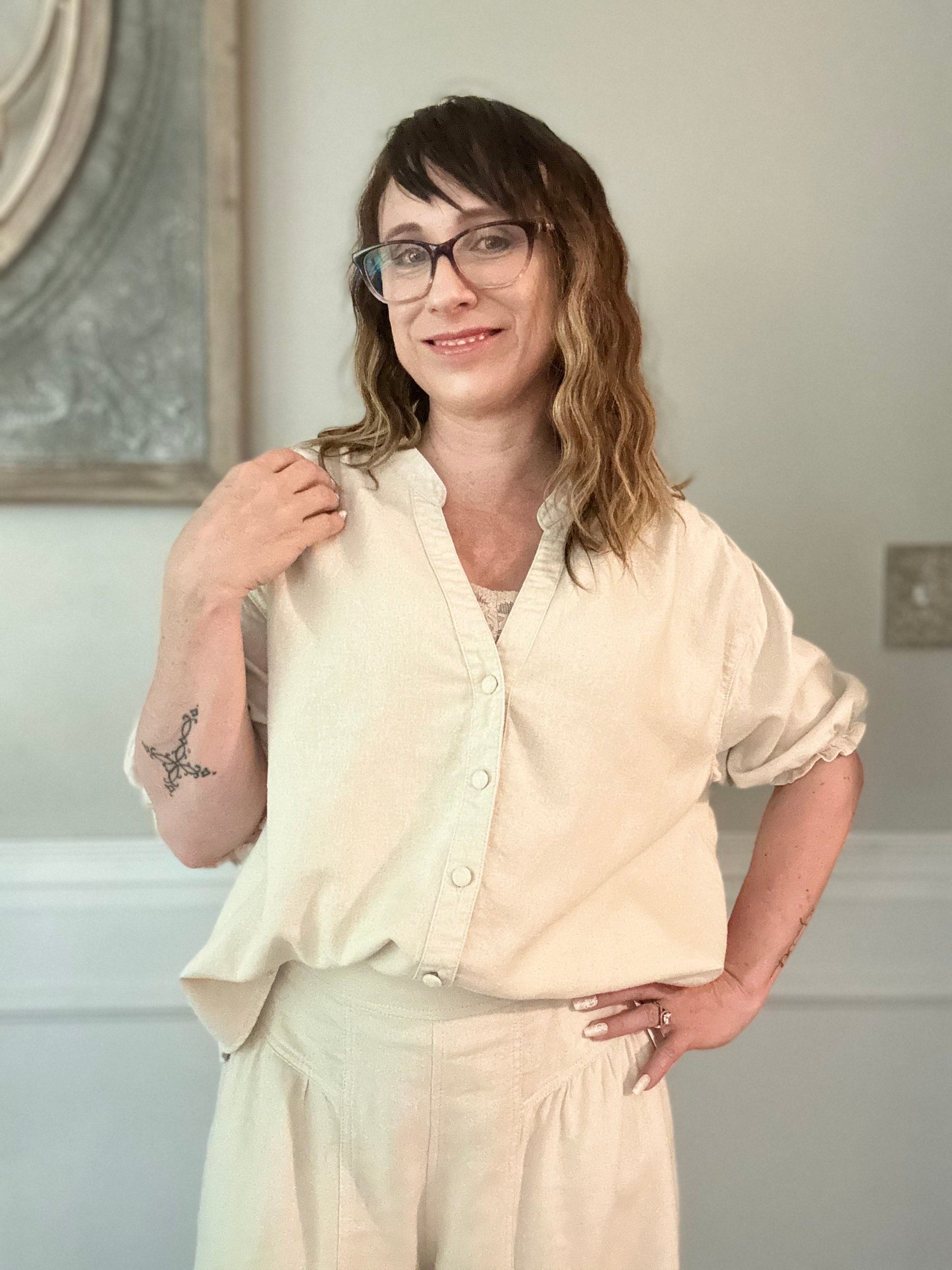 Short Ruffle Sleeve Button Down Top - Oatmeal image 1