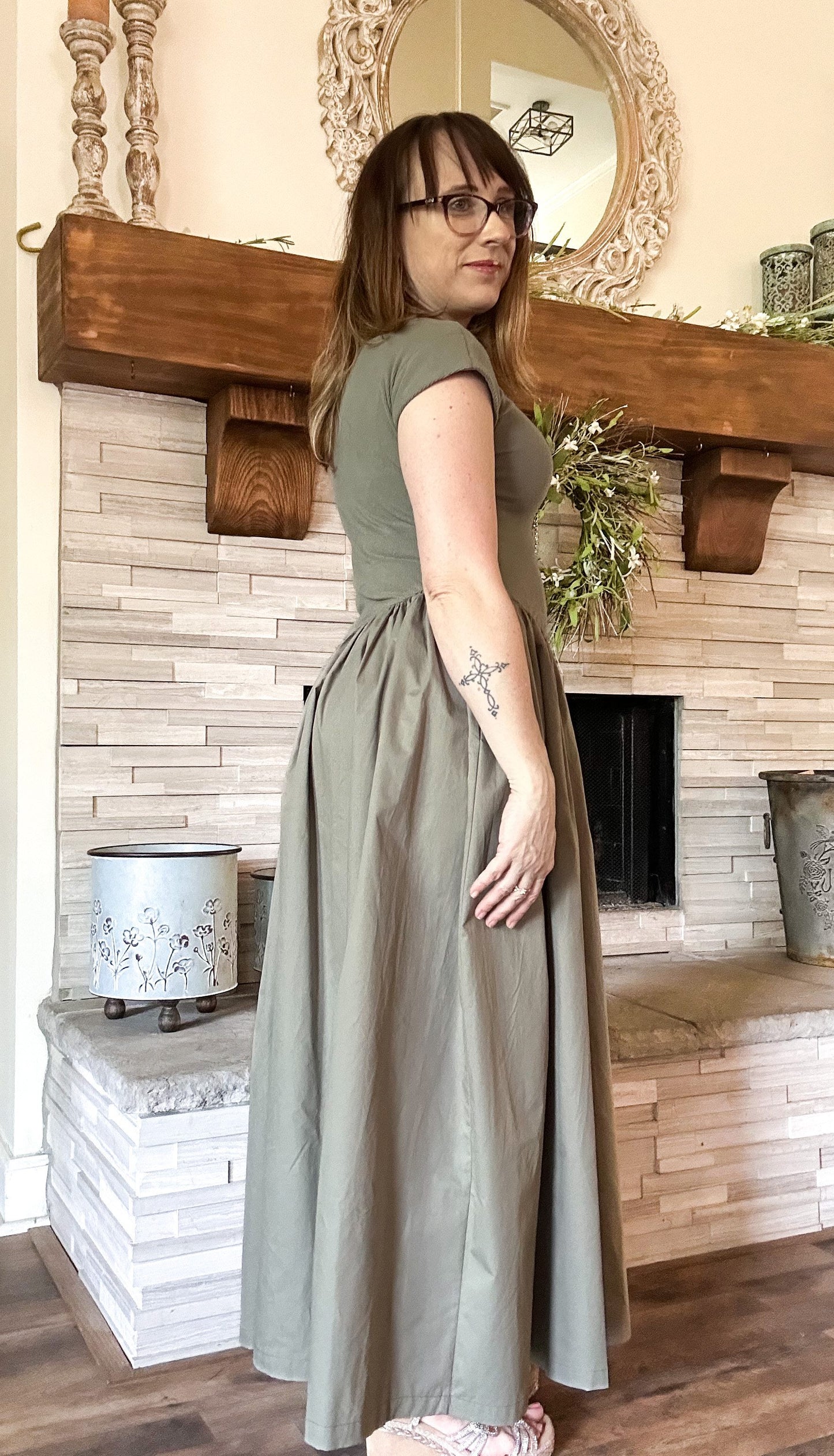 Sweetheart Mixed Media Poplin Dress - Olive