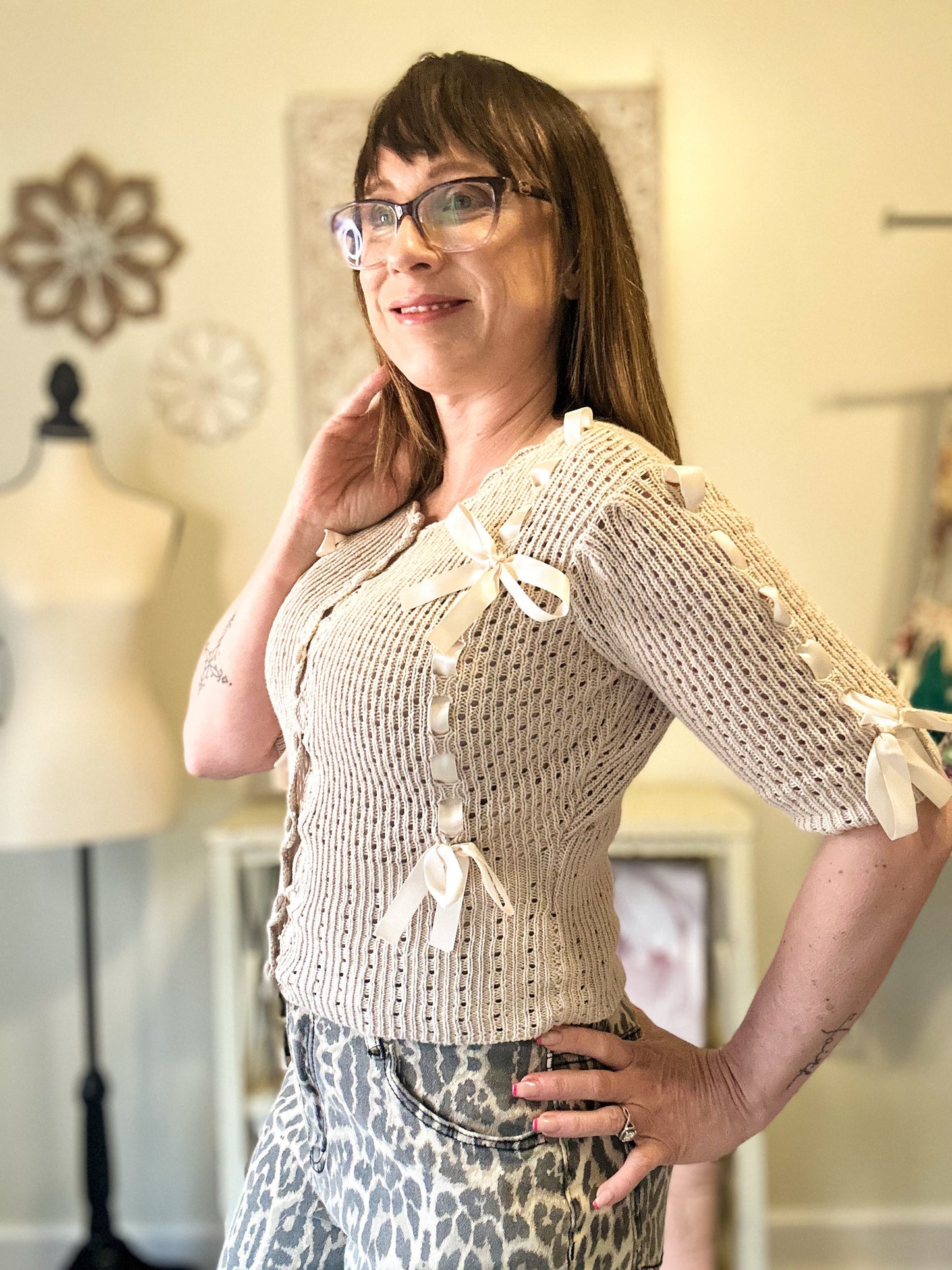 Satin Bow Knit Cardigan - Ecru image 2