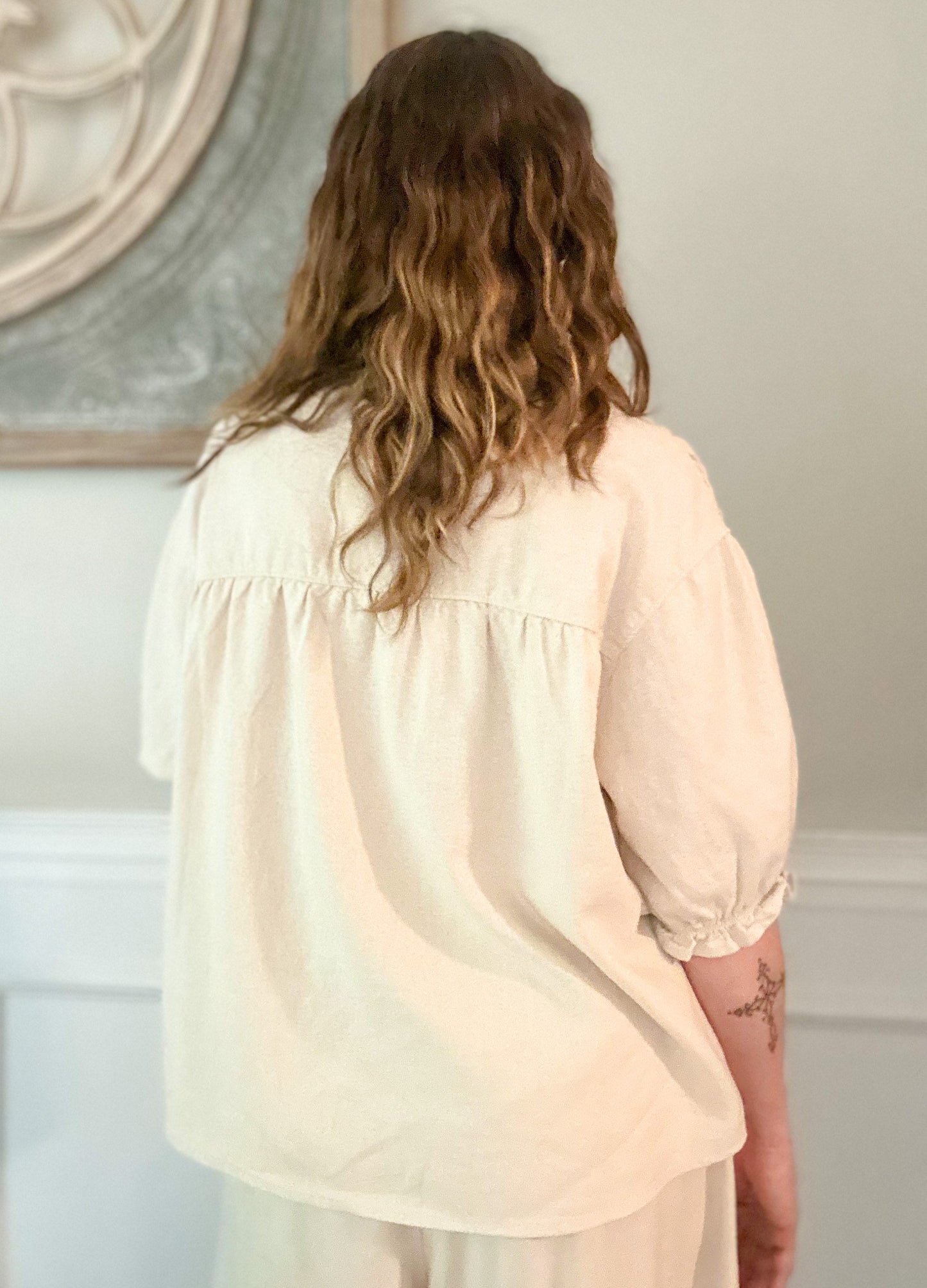 Short Ruffle Sleeve Button Down Top - Oatmeal image 4