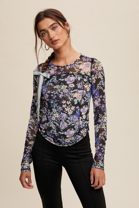 Floral Print Mesh Fitted Long Sleeve Top - Black image 5