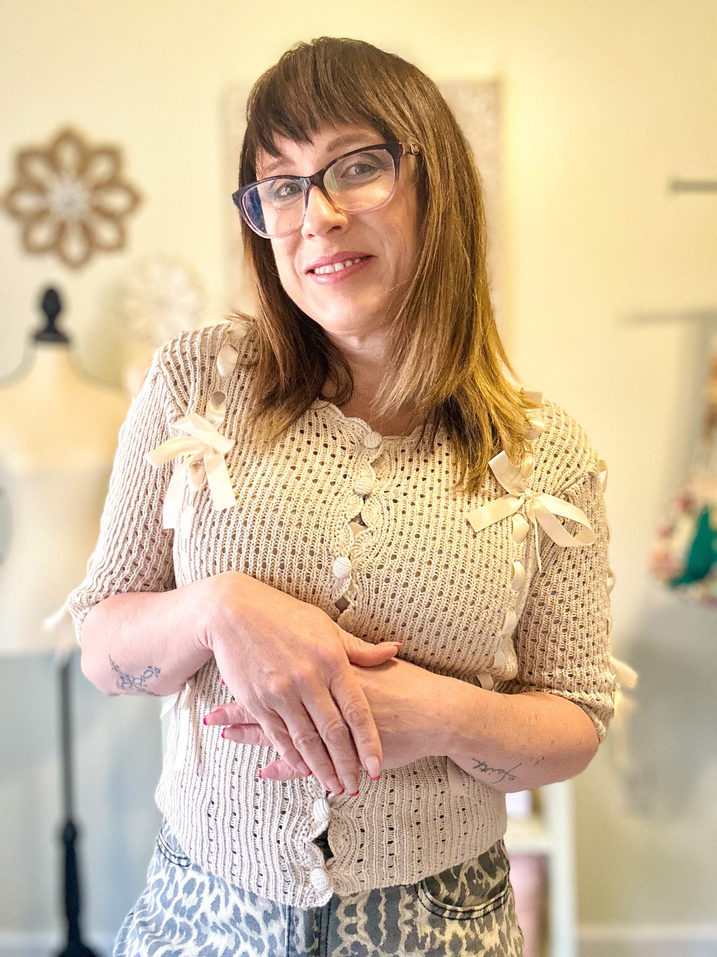 Satin Bow Knit Cardigan - Ecru image 4