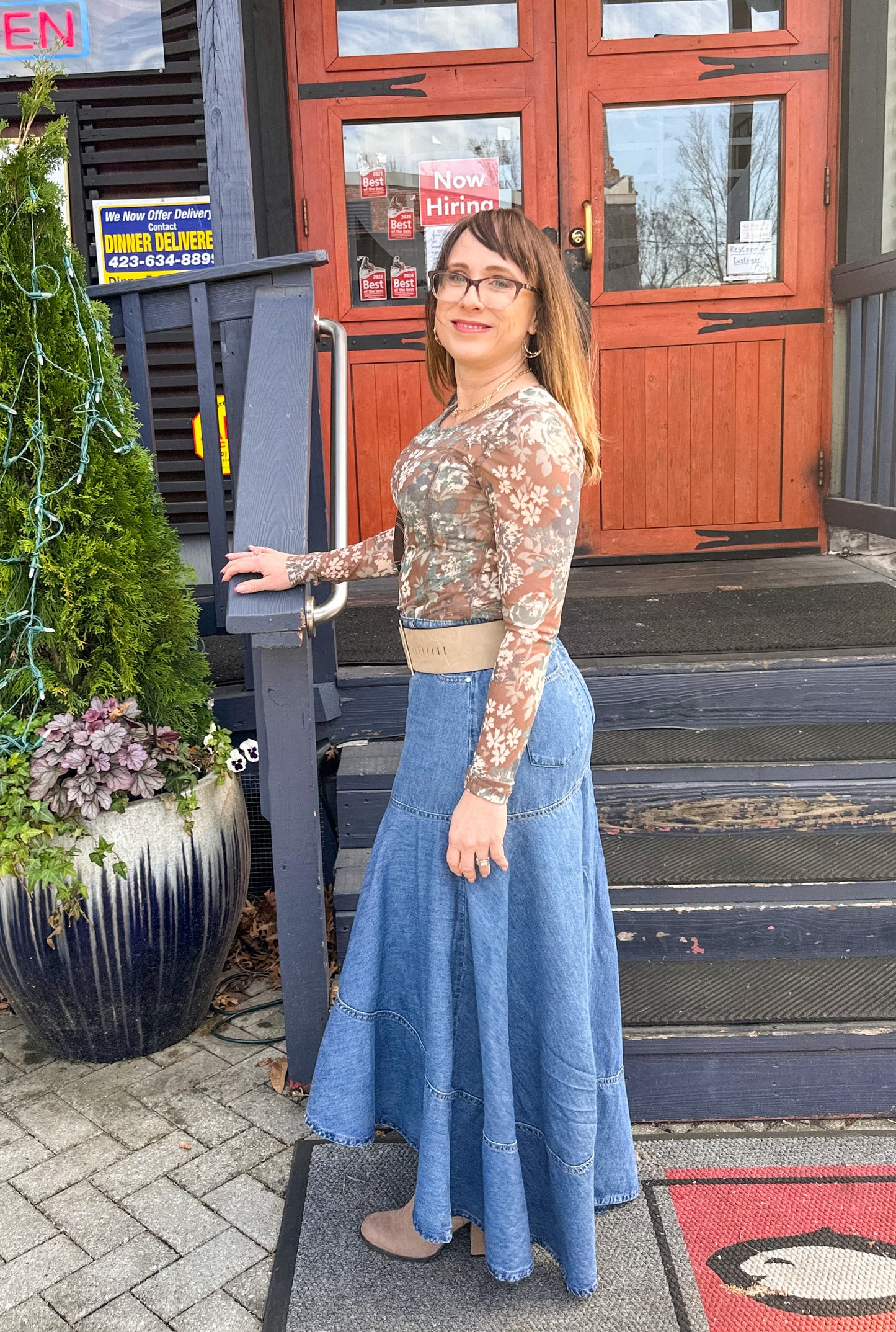 Risen High-Low Full Denim Skirt image 3