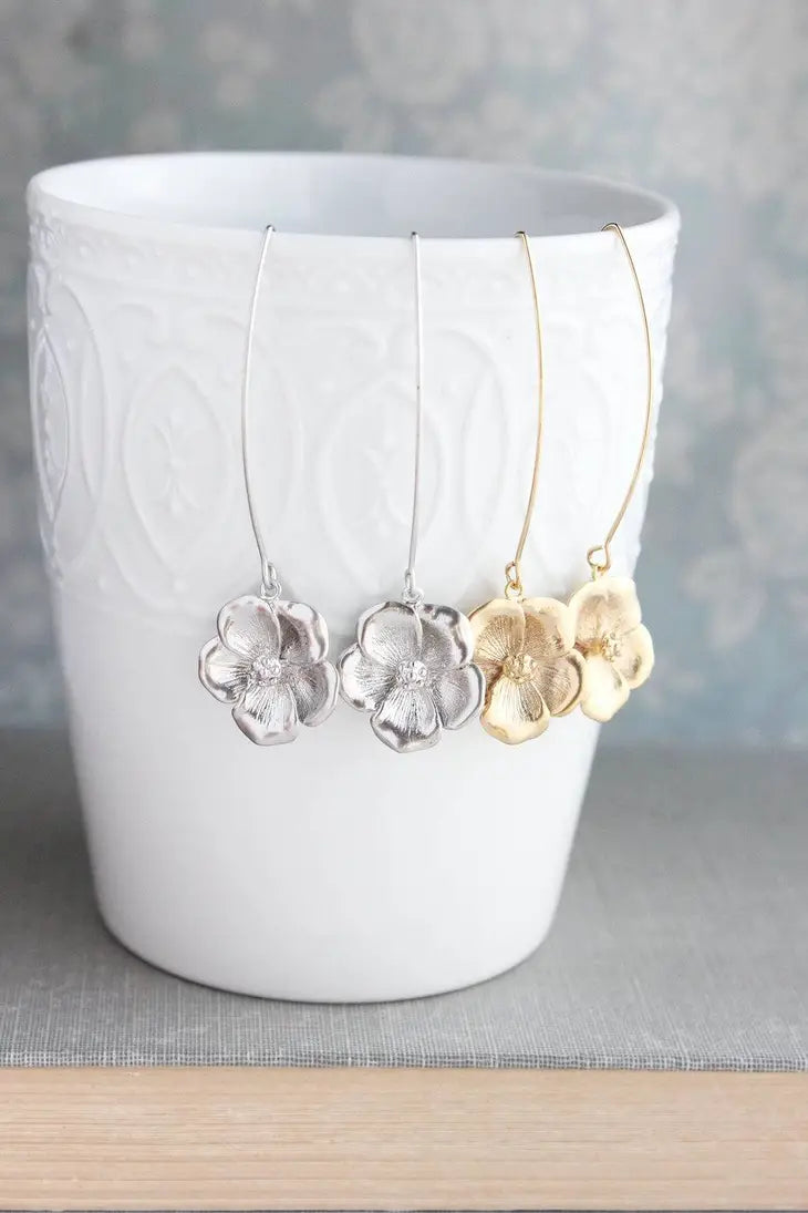 Long Cherry Blossom Earrings - Silver image 0