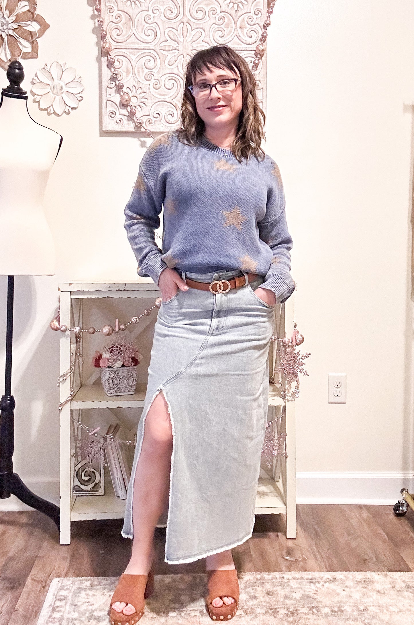 Midi Denim Front Slit Skirt image 0