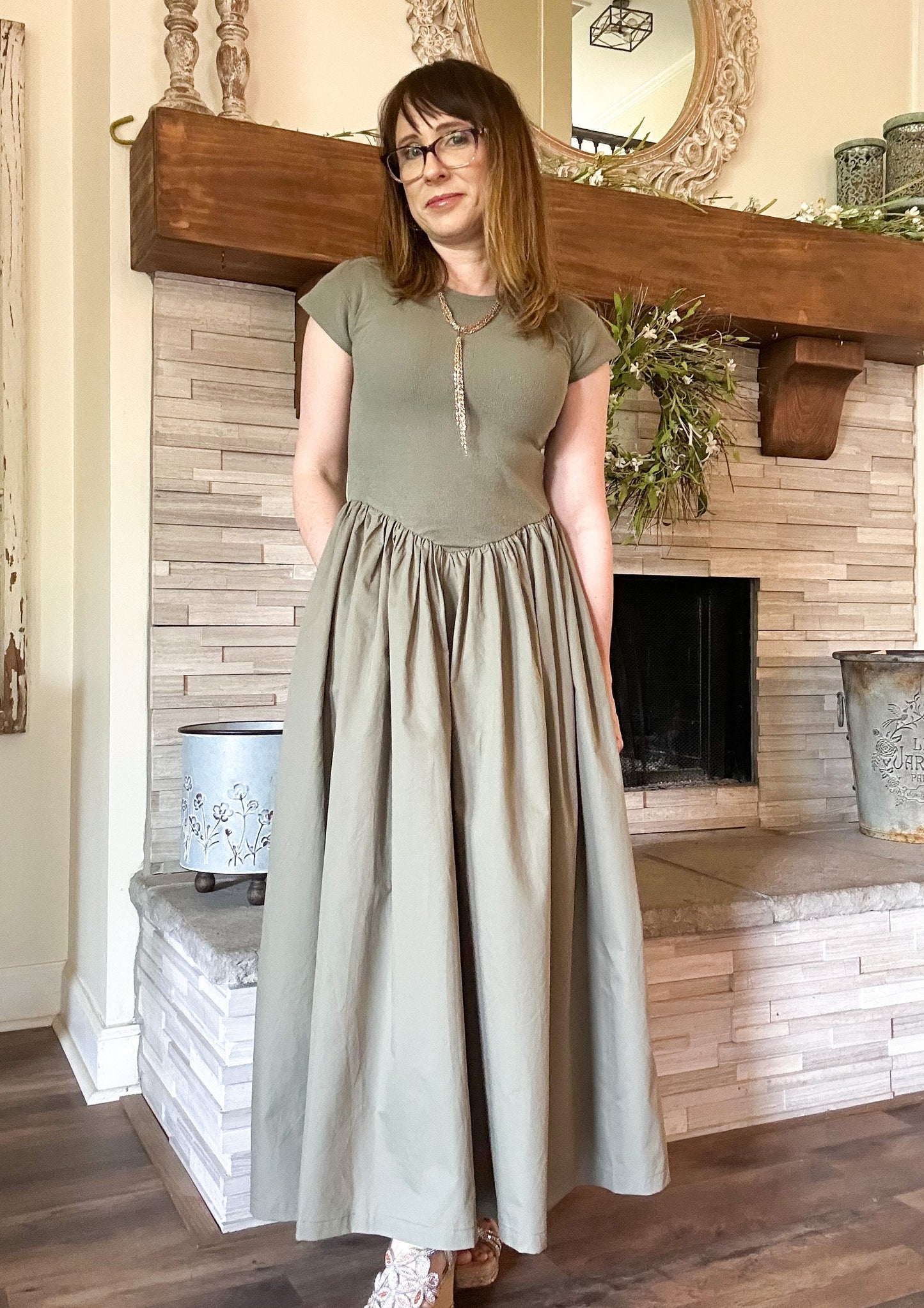 Sweetheart Mixed Media Poplin Dress - Olive