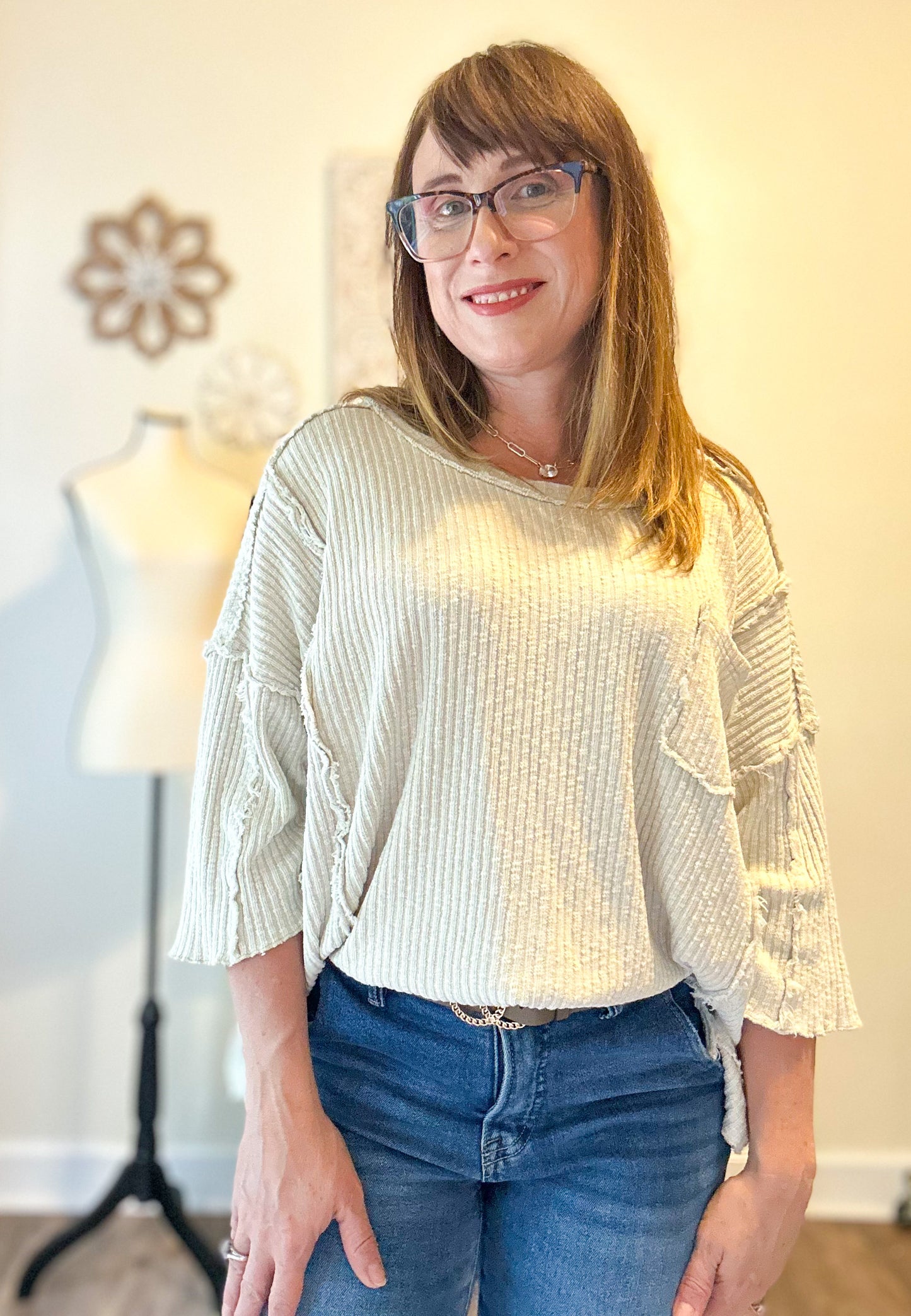 Mineral Washed Raw Edge Rib Knit Top