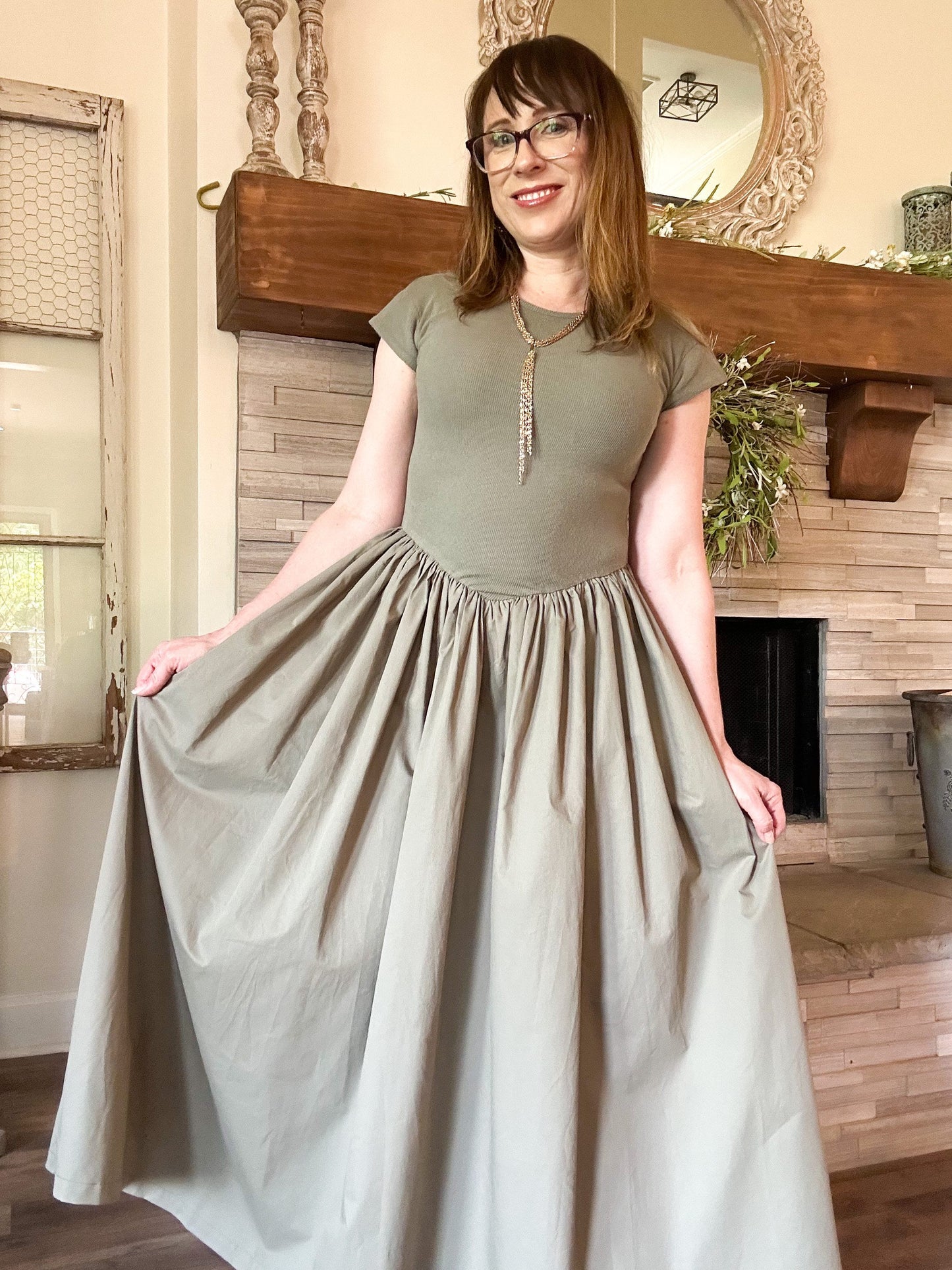 Sweetheart Mixed Media Poplin Dress - Olive