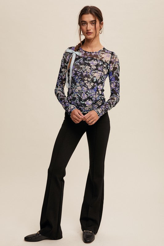 Floral Print Mesh Fitted Long Sleeve Top - Black image 4
