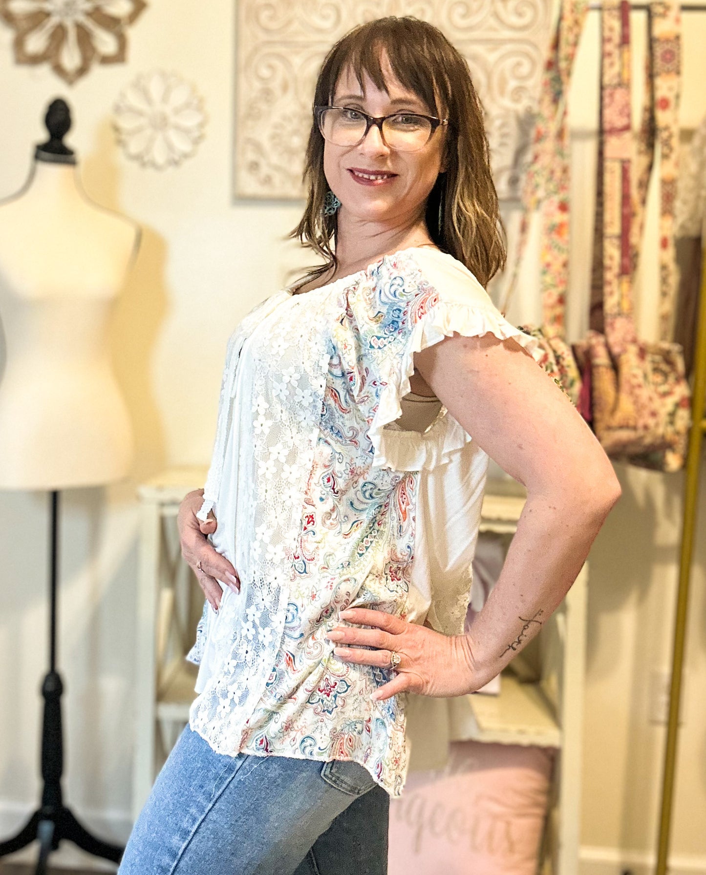 POL Lace and Floral Knit Top - Ivory image 2