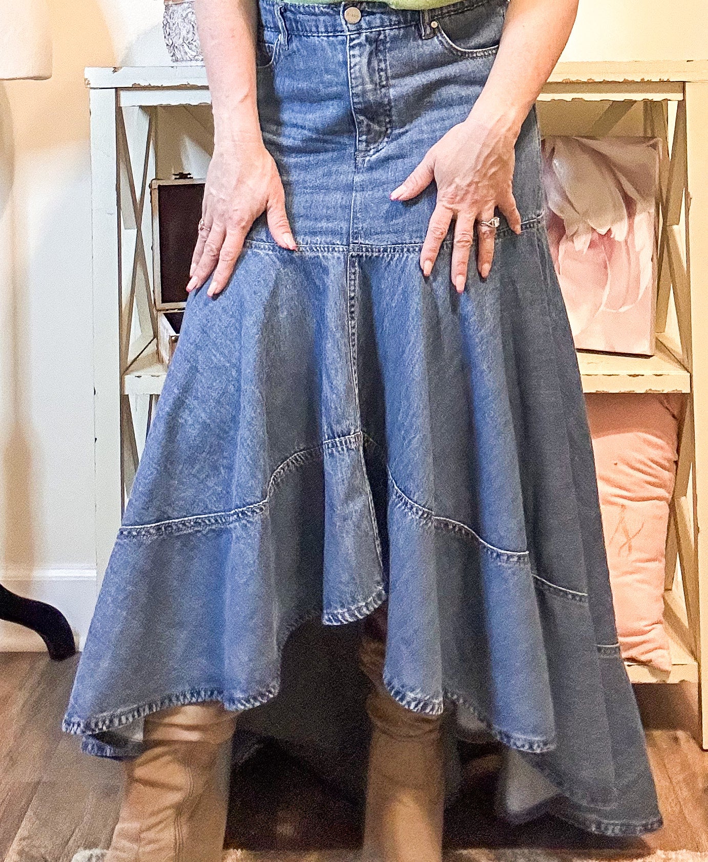 Risen High-Low Full Denim Skirt image 1