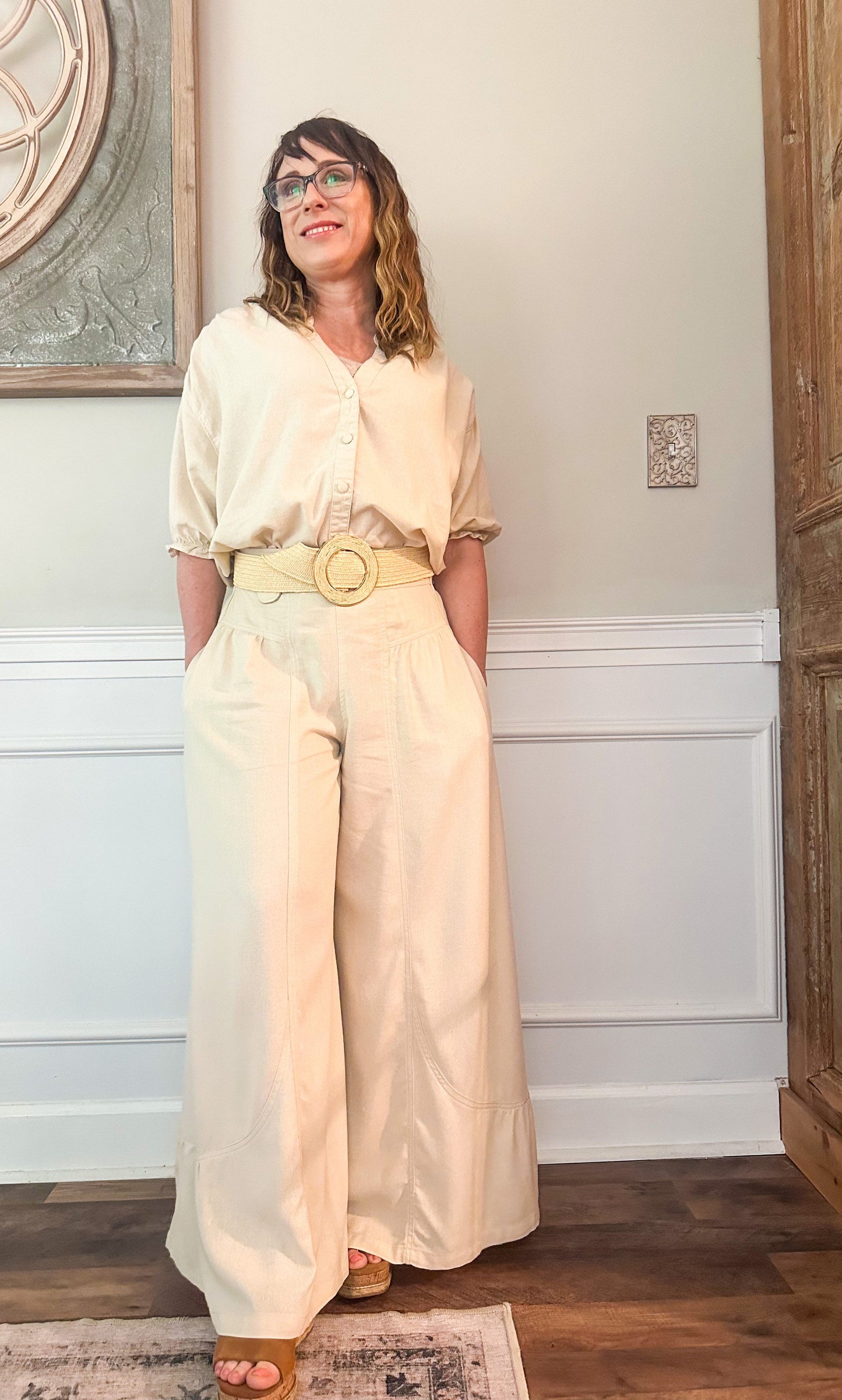 Linen Mix Ruffle Wide Leg Pants - Oatmeal image 0