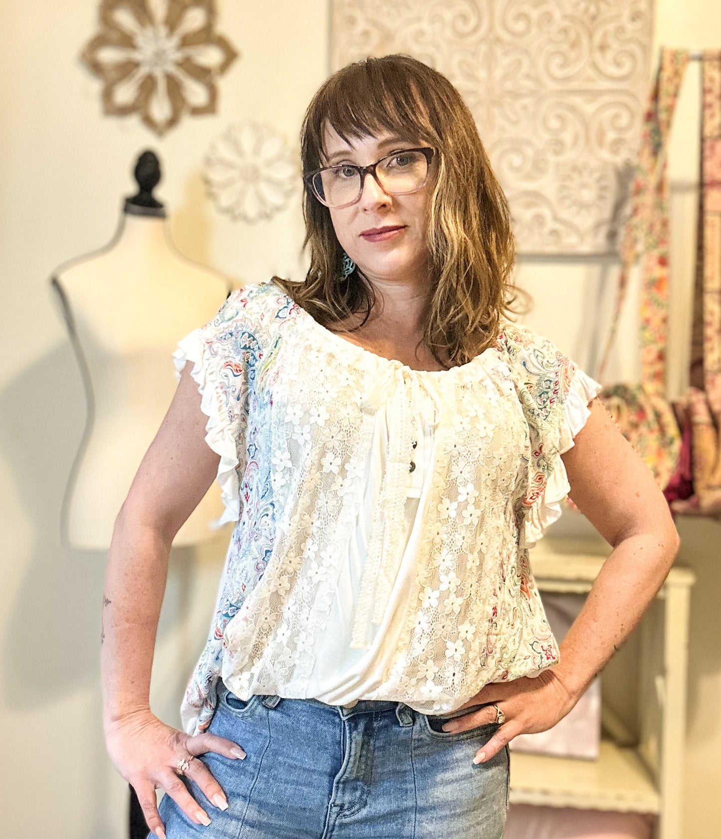 POL Lace and Floral Knit Top - Ivory image 3
