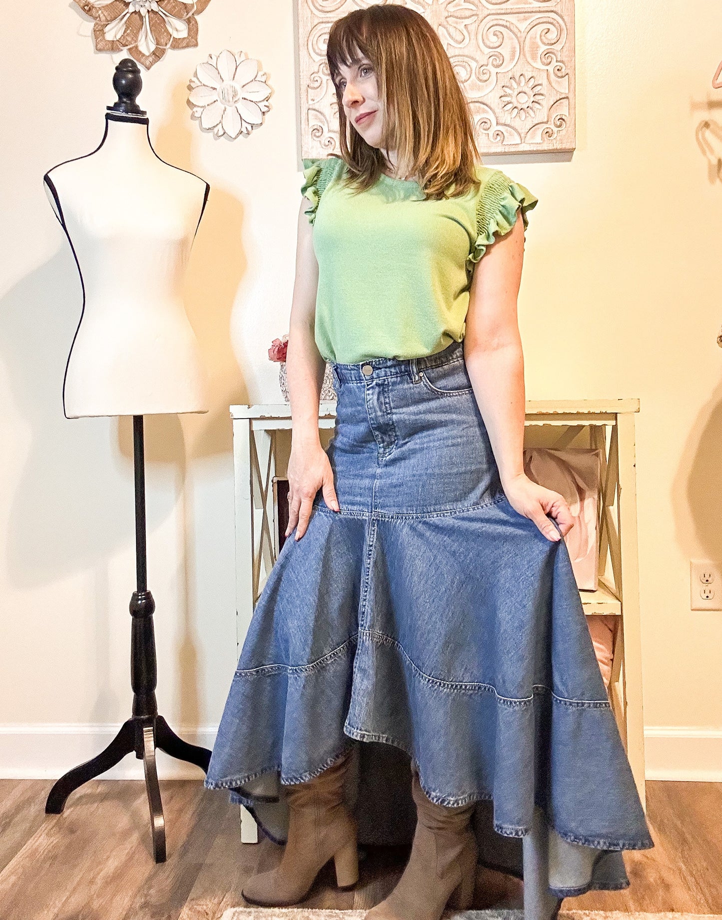 Risen High-Low Full Denim Skirt image 4