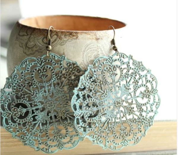 Large Filigree Earrings - Rustic Denim Patina image 0