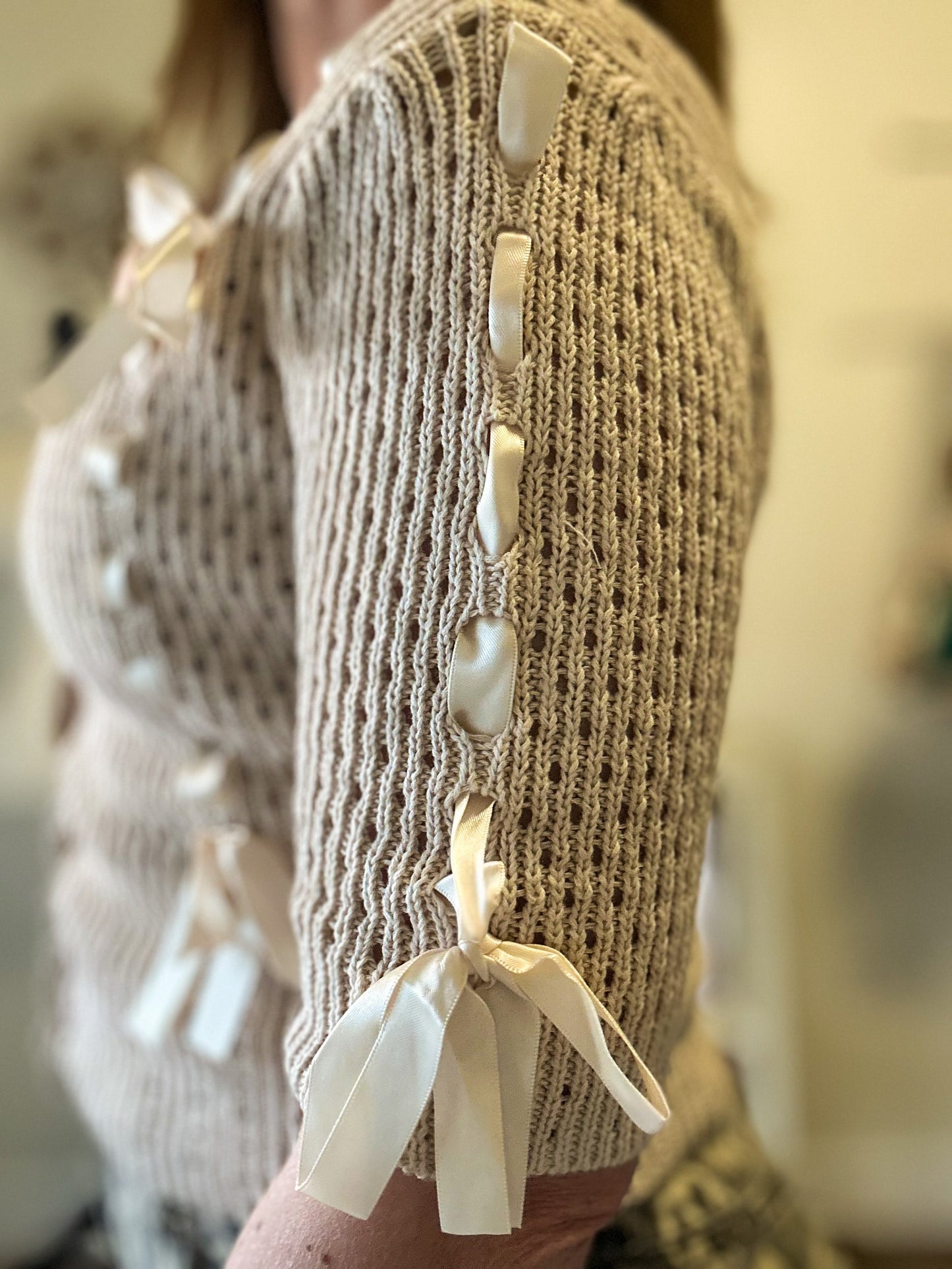 Satin Bow Knit Cardigan - Ecru image 3