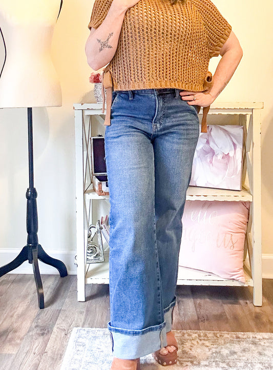 Risen Tummy Control Wide Cuffed Jeans