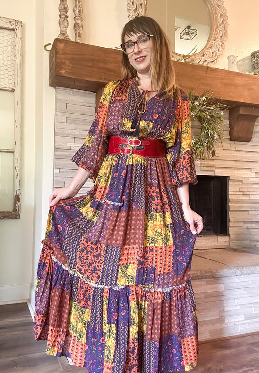 Multi-Color Patch Print Ruffle Maxi Dress