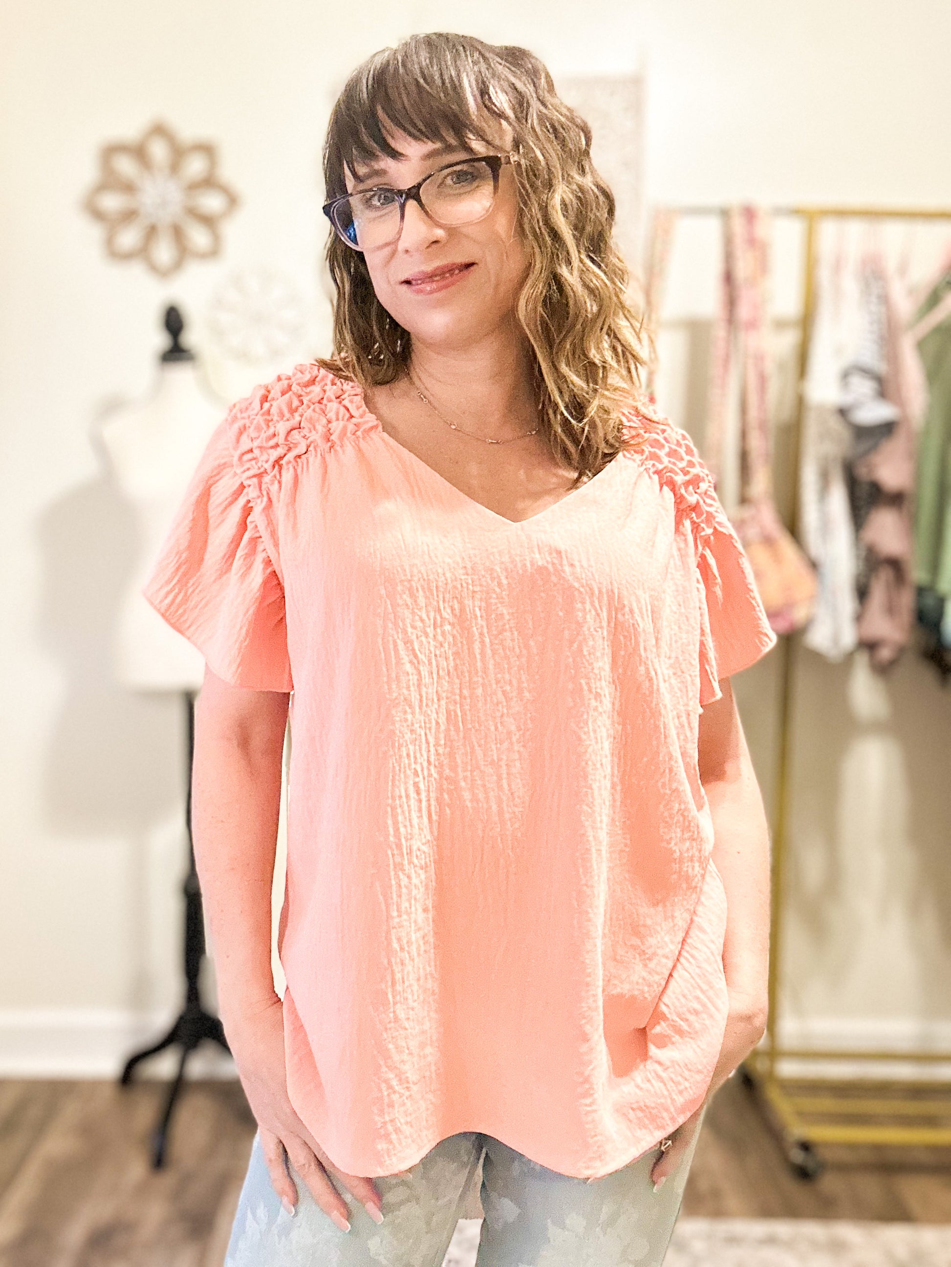 Ruffle Sleeve V-Neck Woven Top - Peach image 0