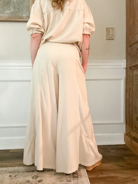 Linen Mix Ruffle Wide Leg Pants - Oatmeal image 1