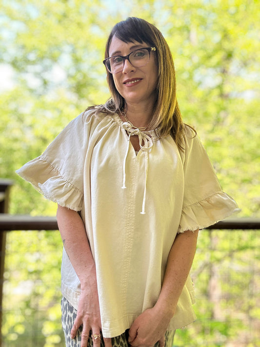 Lightweight Denim Ruffle Sleeve Top - Natural