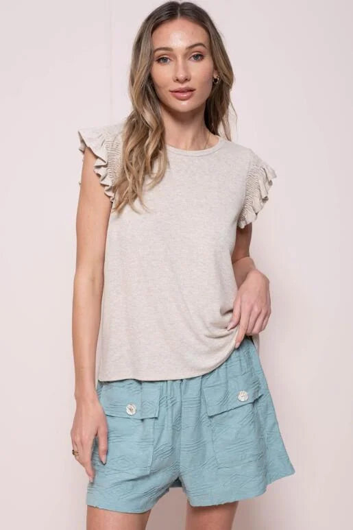 Ruffle Short Sleeve Relaxed Fit Top - Oatmeal image 0