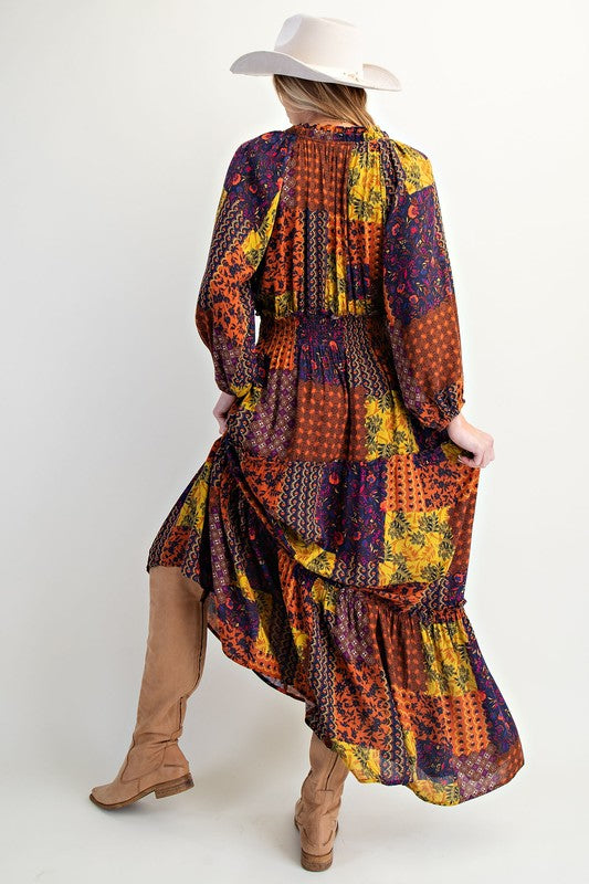 Multi-Color Patch Print Ruffle Maxi Dress