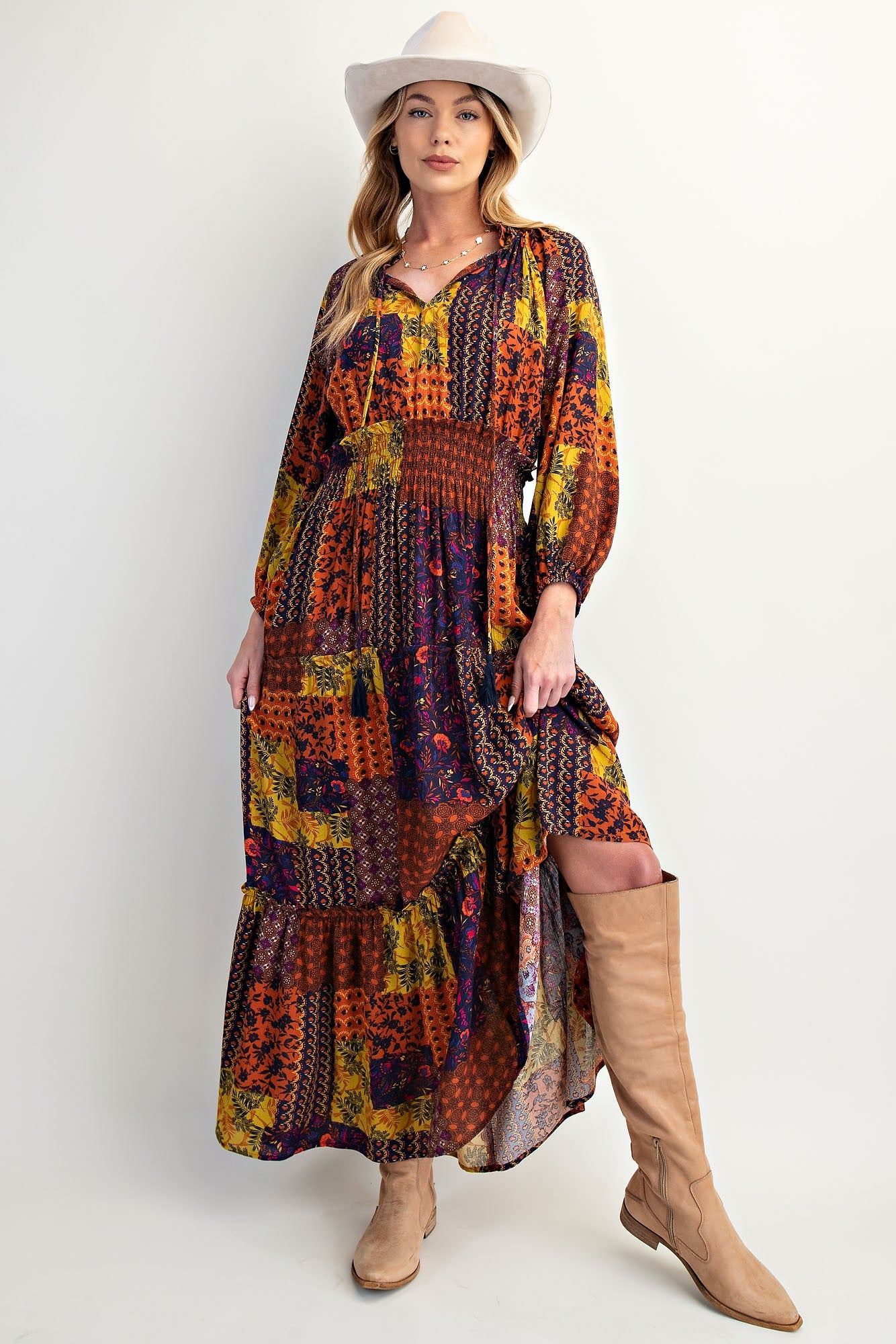 Multi-Color Patch Print Ruffle Maxi Dress