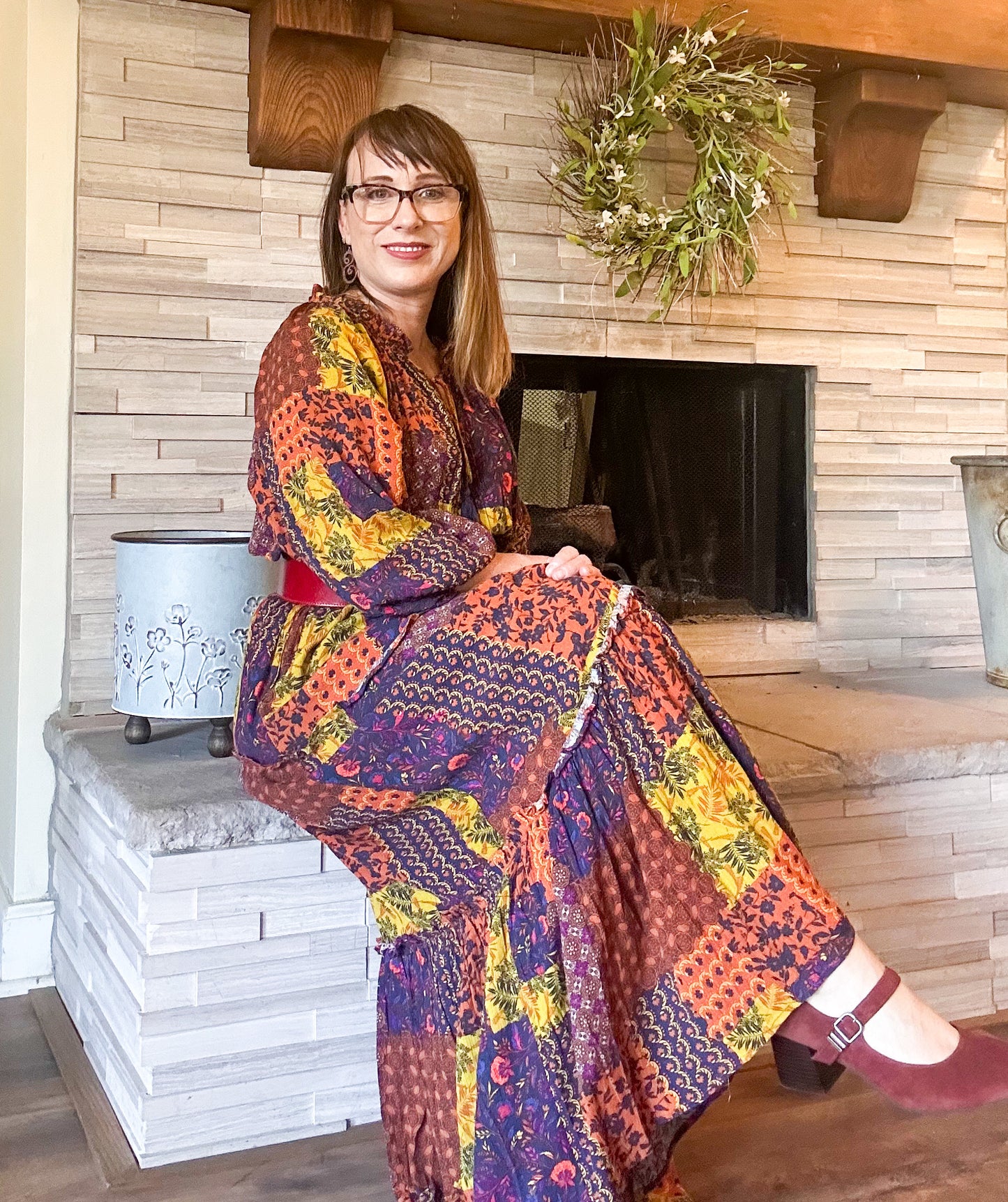 Multi-Color Patch Print Ruffle Maxi Dress