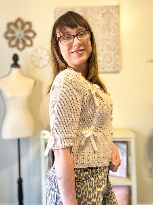 Satin Bow Knit Cardigan - Ecru image 1