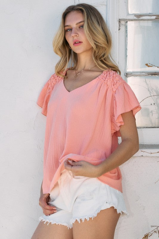 Ruffle Sleeve V-Neck Woven Top - Peach image 3
