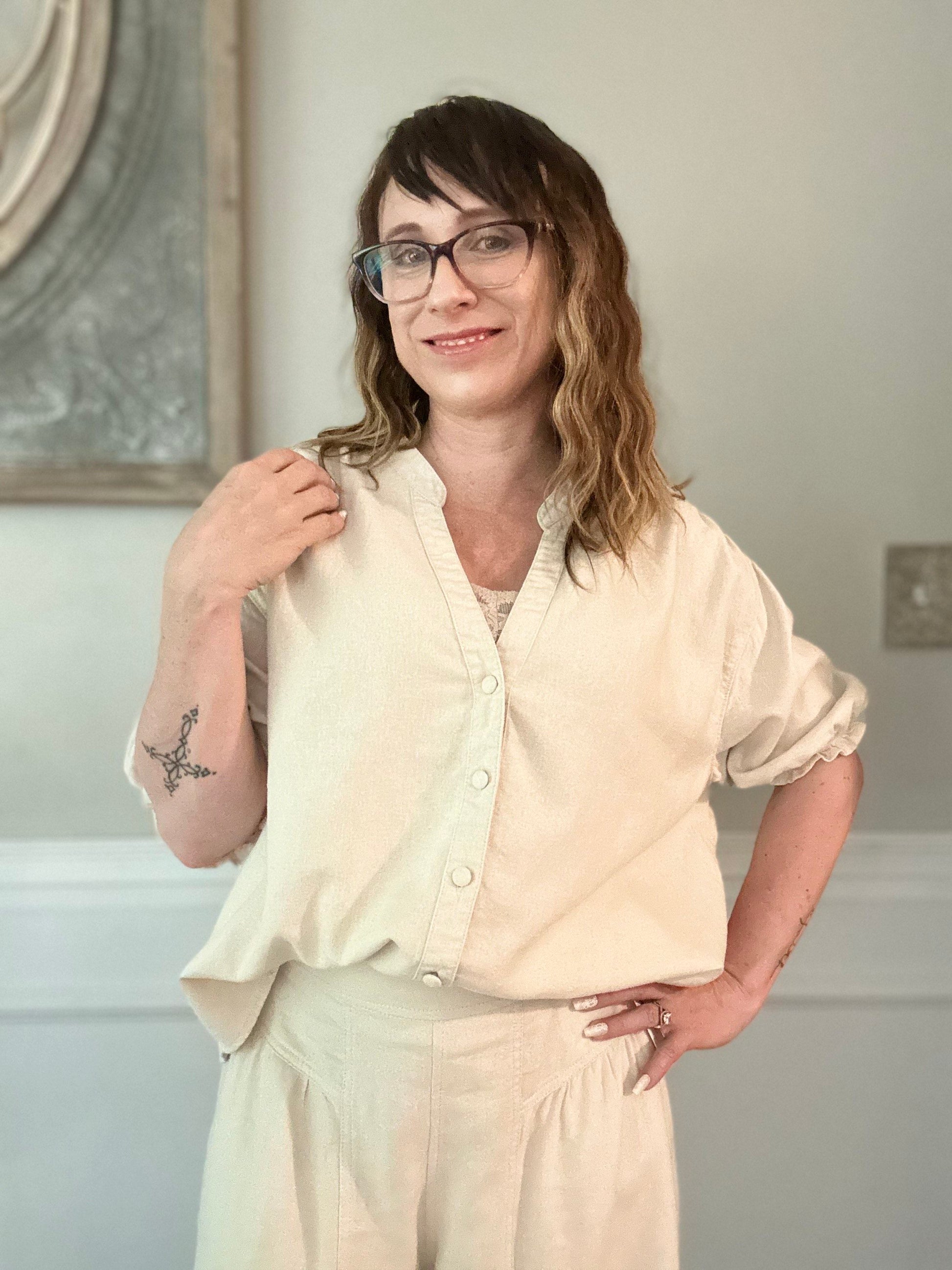 Short Ruffle Sleeve Button Down Top - Oatmeal image 1