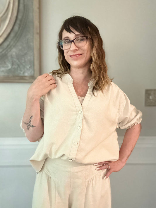 Short Ruffle Sleeve Button Down Top - Oatmeal image 1