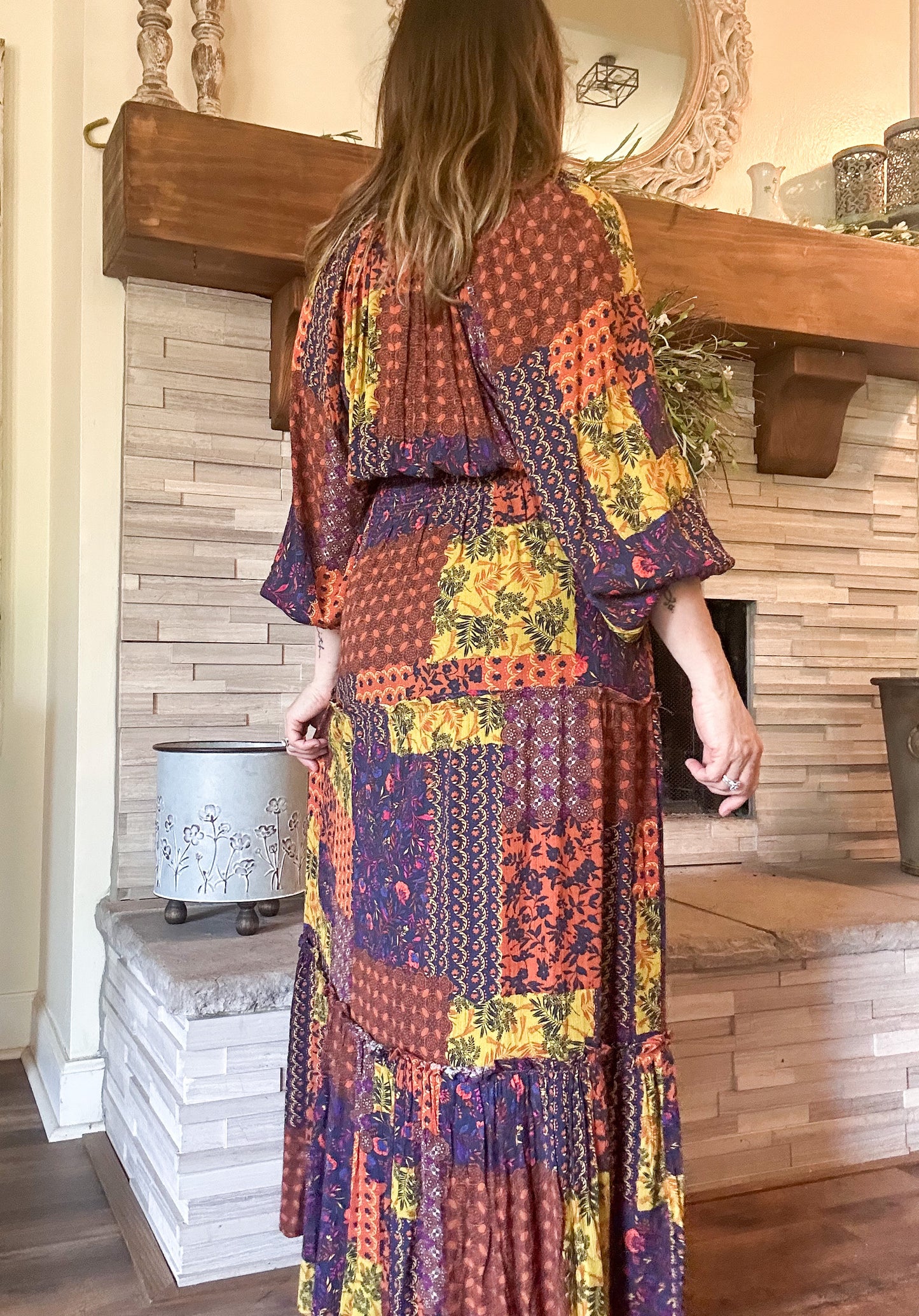 Multi-Color Patch Print Ruffle Maxi Dress