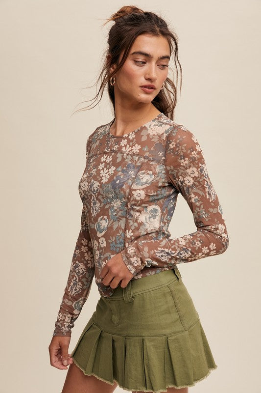 Floral Print Mesh Fitted Long Sleeve Top - Brown image 5