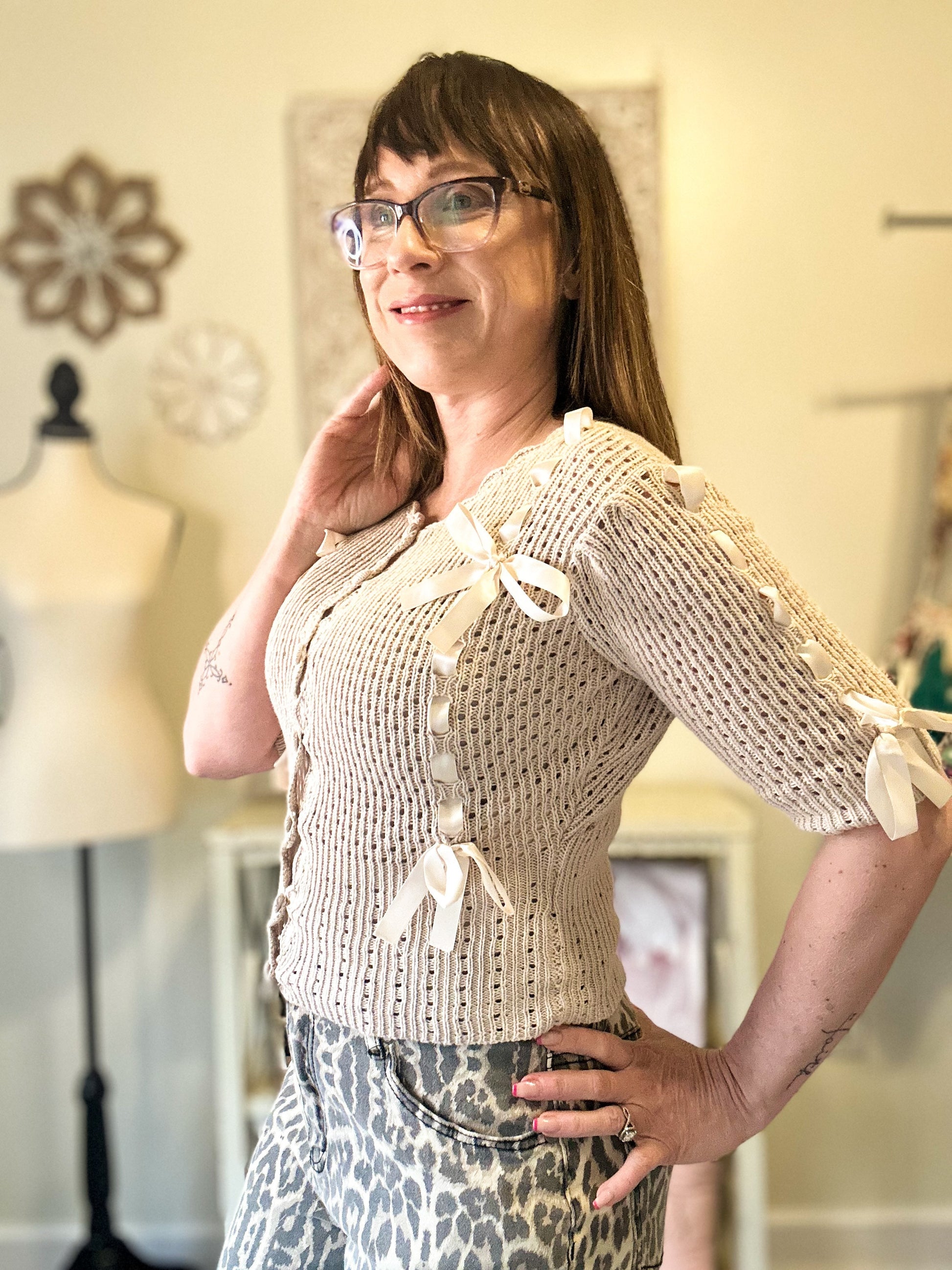Satin Bow Knit Cardigan - Ecru image 2