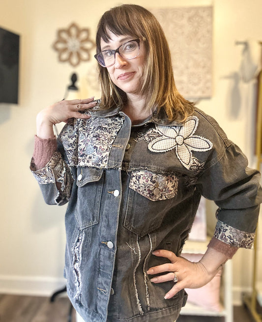 POL Oversized Floral Patch Black Denim Jacket image 1