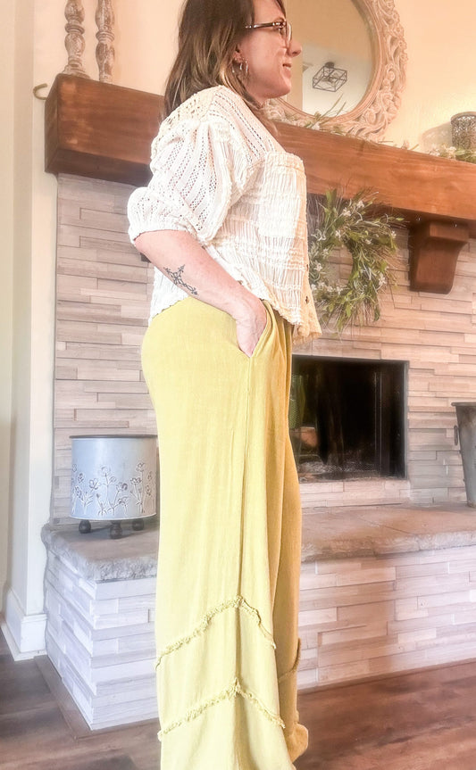Crepe Ruffle Trim Palazzo Pants -Green Tea image 1