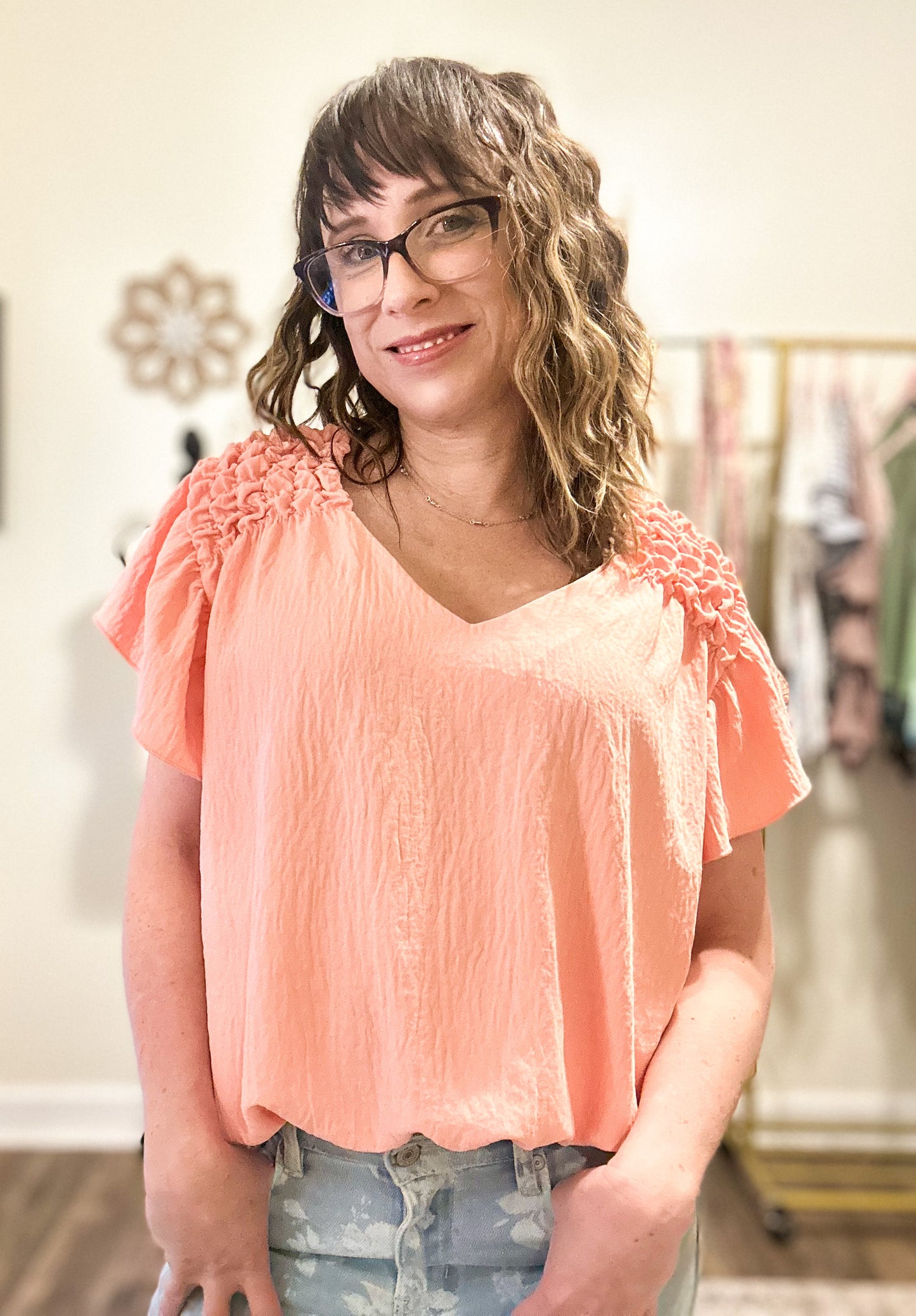 Ruffle Sleeve V-Neck Woven Top - Peach image 4