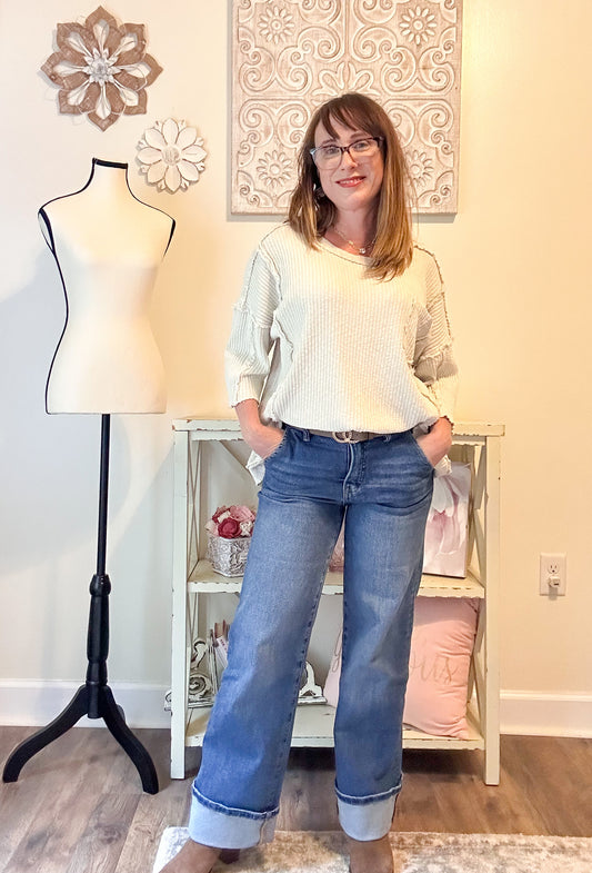 Risen Tummy Control Wide Cuffed Jeans