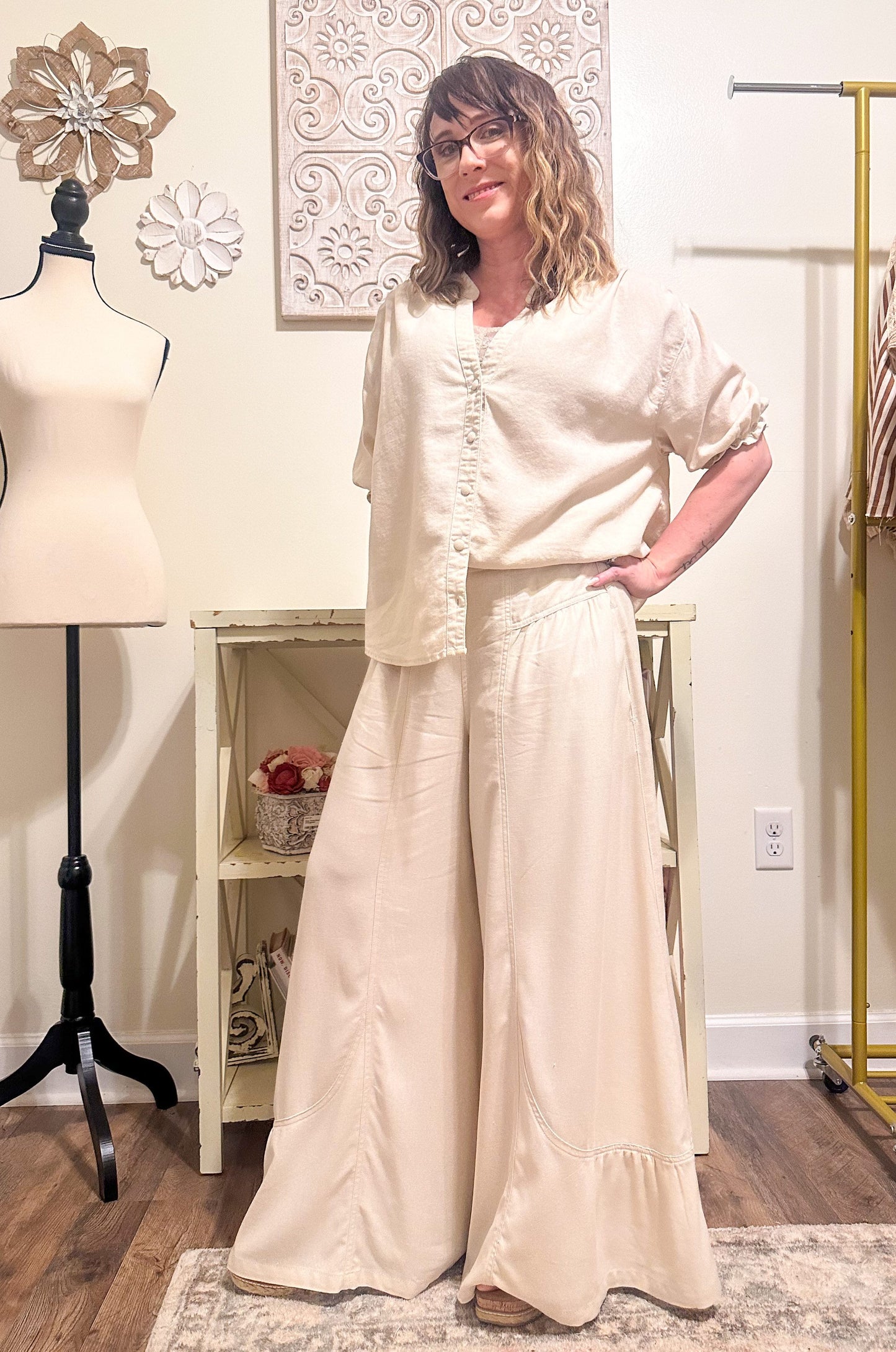 Linen Mix Ruffle Wide Leg Pants - Oatmeal image 2