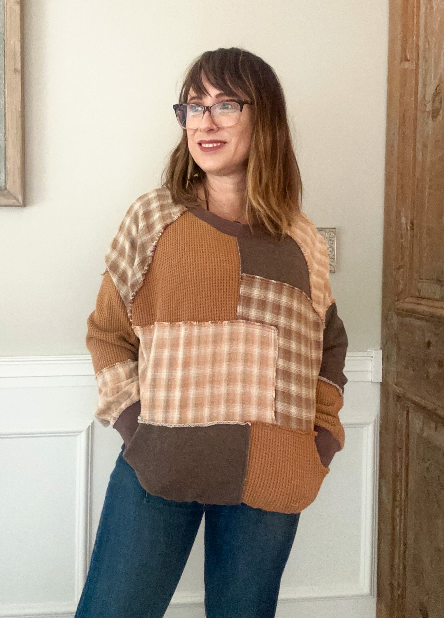 Plaid Patch Waffle Knit Sweatshirt - Mocha